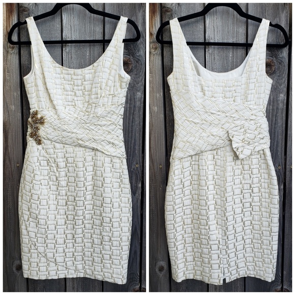 Kay Unger Dresses & Skirts - Kay Unger White Gold Accented Beaded Waist Dress